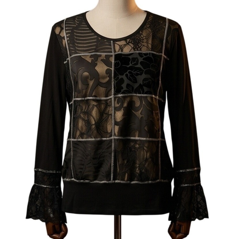 Tommy n Loulou L Vintage Y2K‎ Black Gold Lace Burnout Patchwork Goth Emo Top